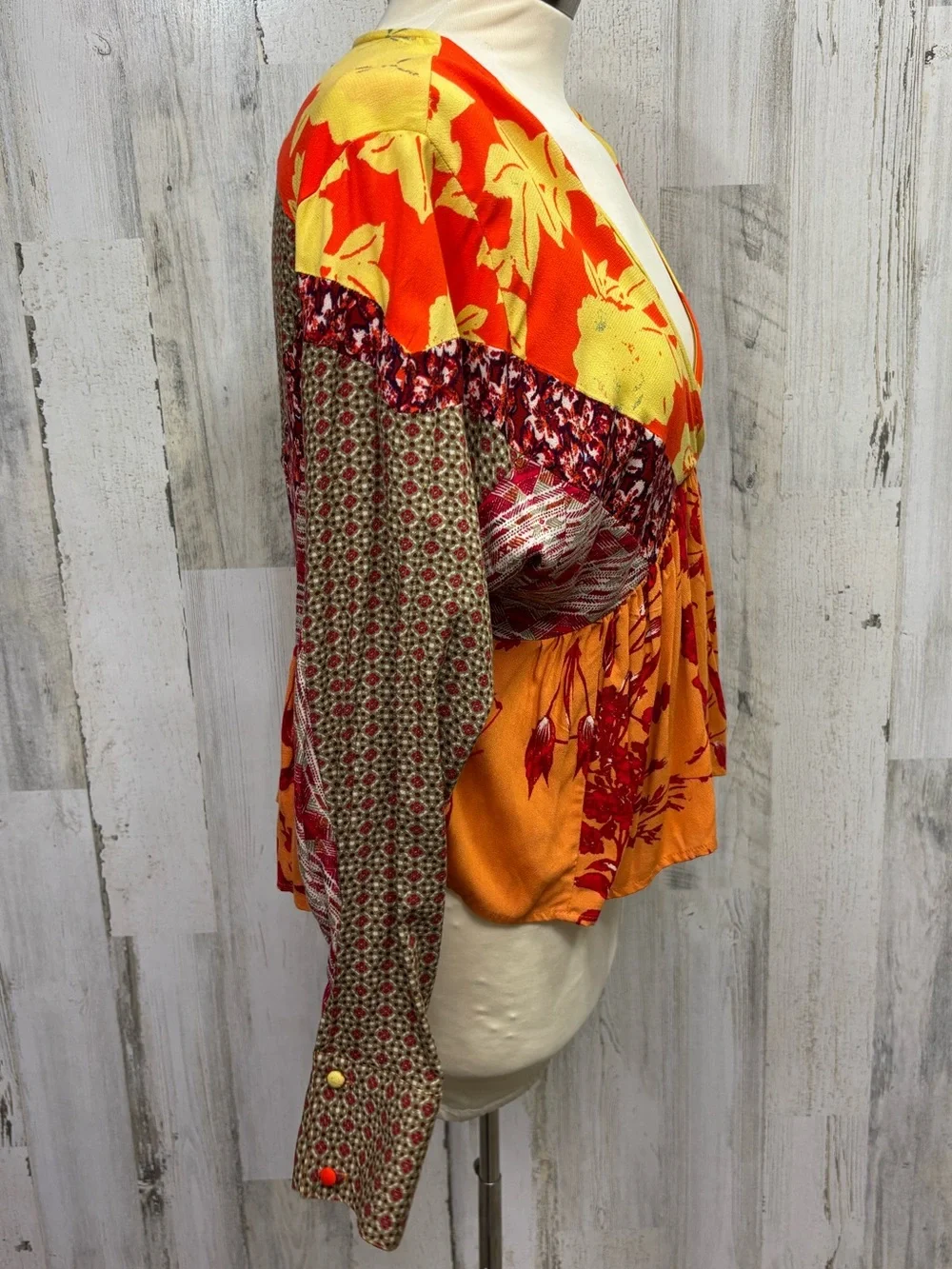 Free People‎ Aloha State of Mind Orange & Brown Mixed-Print V-Neck Peplum Blouse